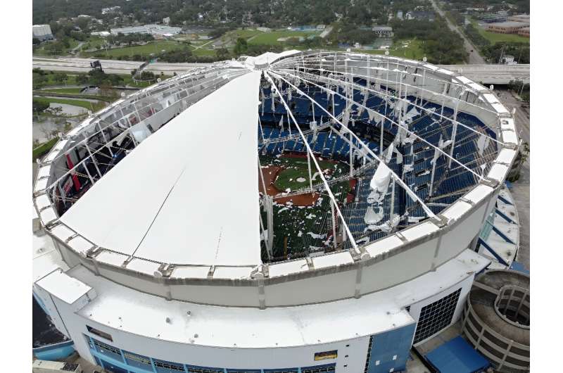 A drone image shows the dome of Tropicana Field,  torn open by Hurricane Milton in St. Petersburg, Florida, on October 10, 2024